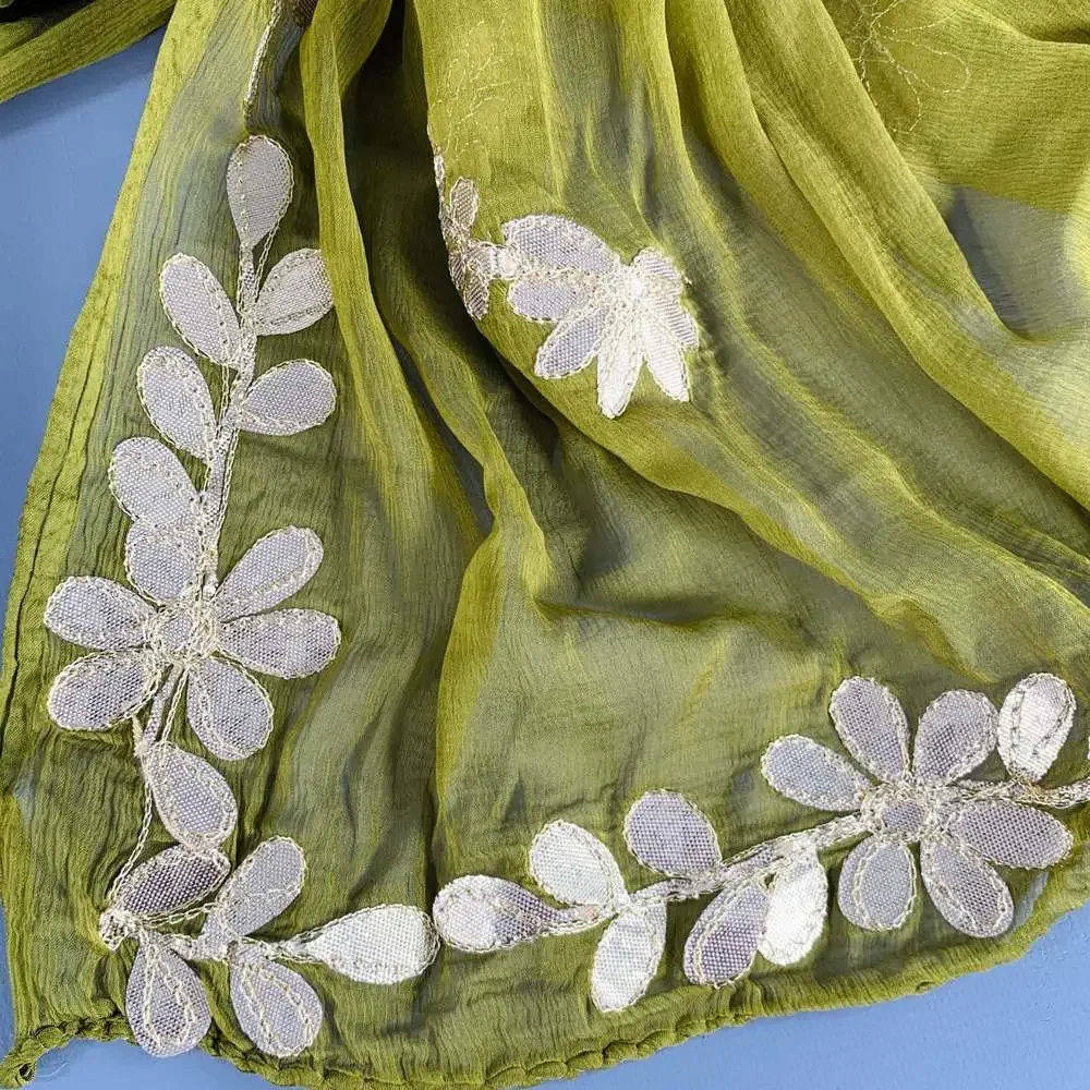 Vintage Olive Green Embroidered Floral Scarf